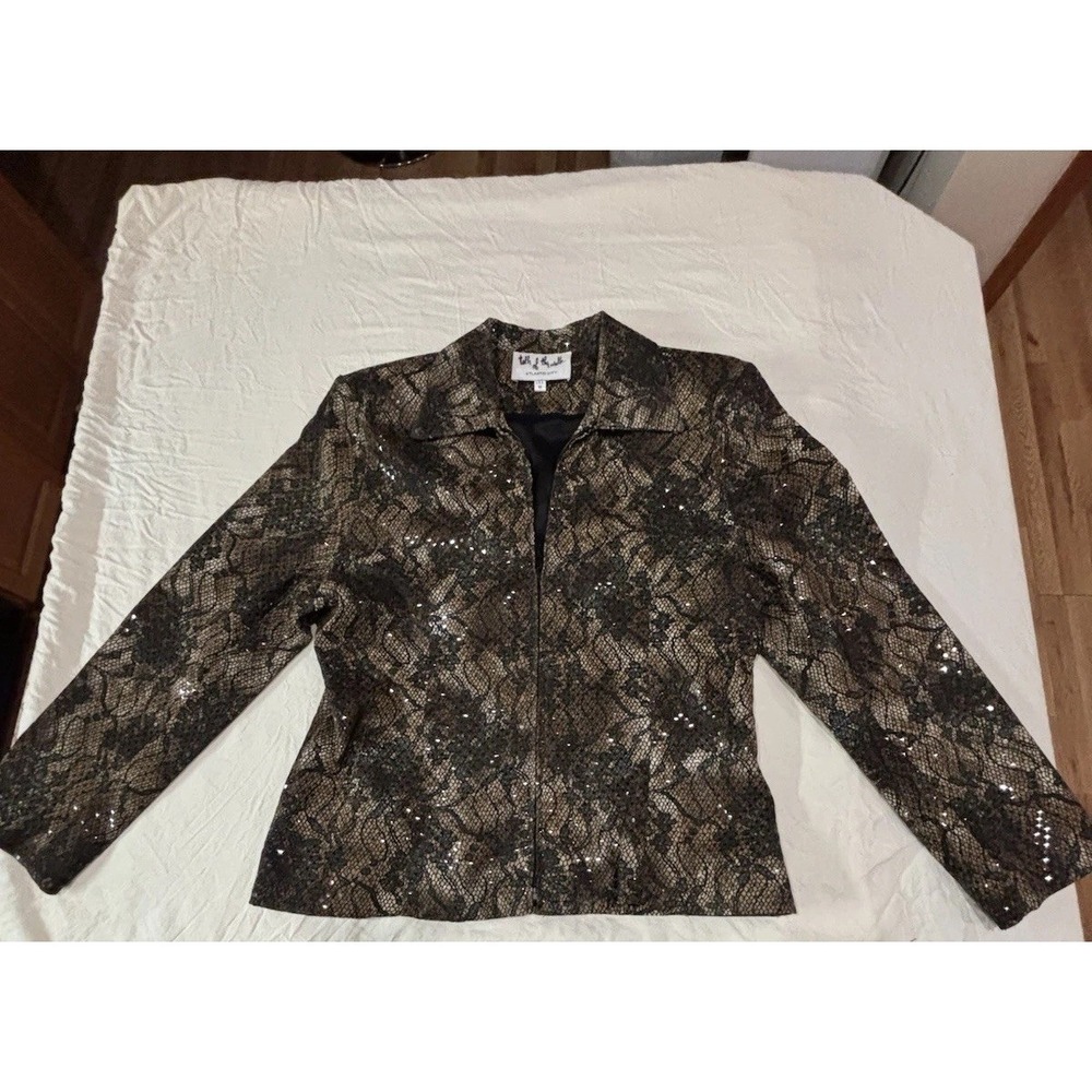 Talk of the Walk  Tan fitted jacket with black lace overlay  Size Med. Event